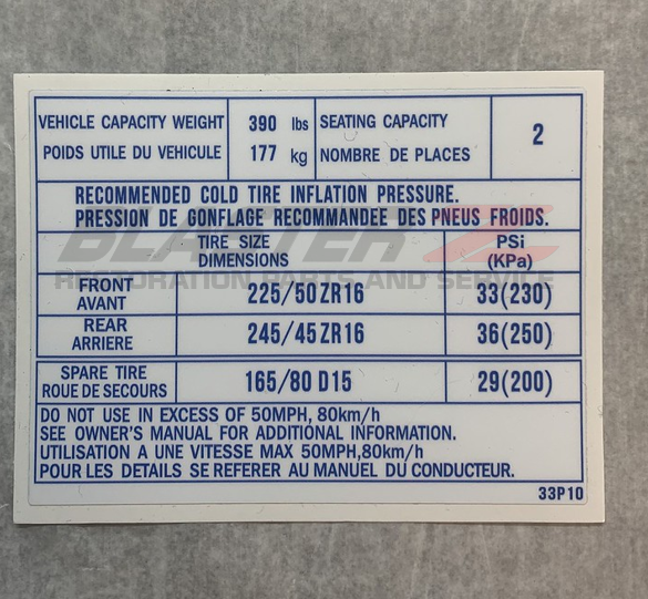 300ZX Tire pressure decal